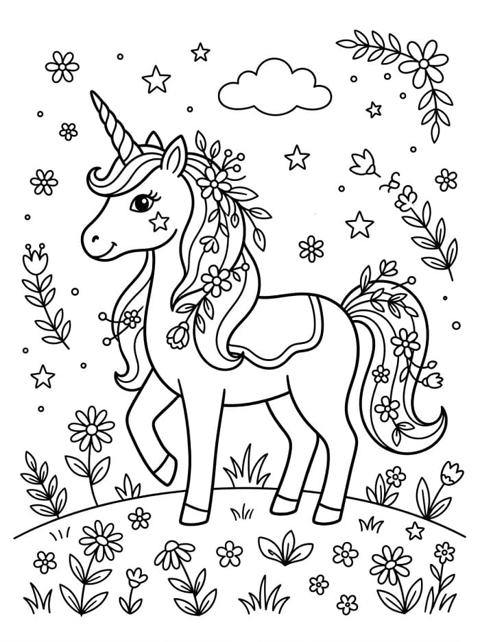 Jolie Licorne avec des Fleurs coloring page