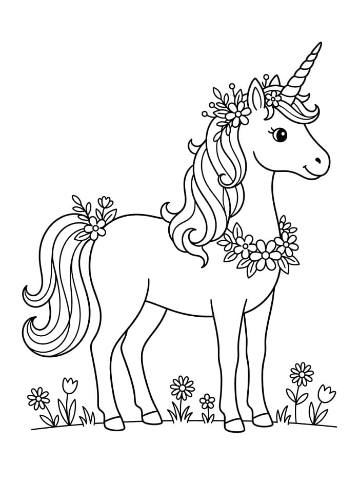 Licorne Mignonne et Fleurs coloring page