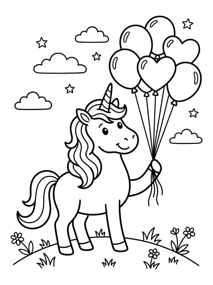 Licorne avec Ballon et Fleurs coloring page