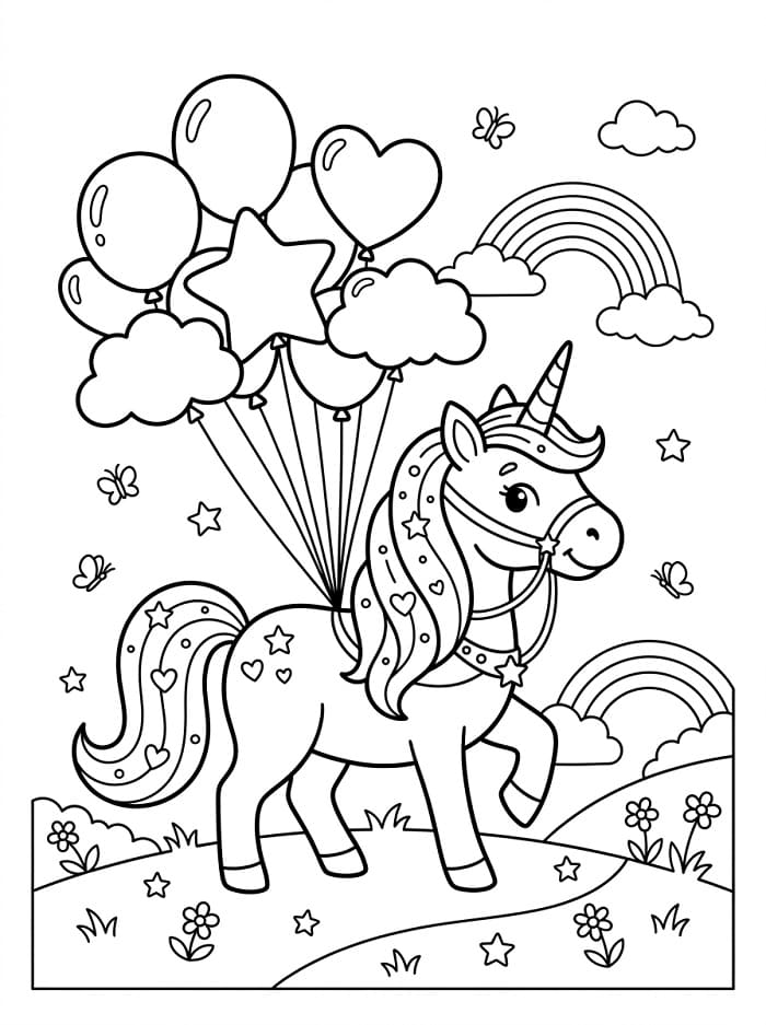 Licorne avec Fleurs et Ballons coloring page