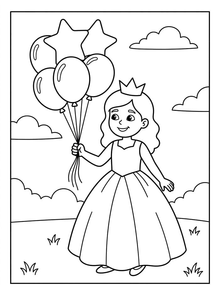 Une jolie princesse et ballons coloring page