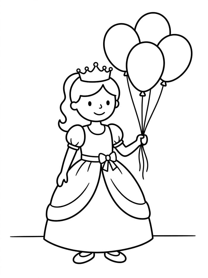 Une jolie princesse tenant des ballons coloring page
