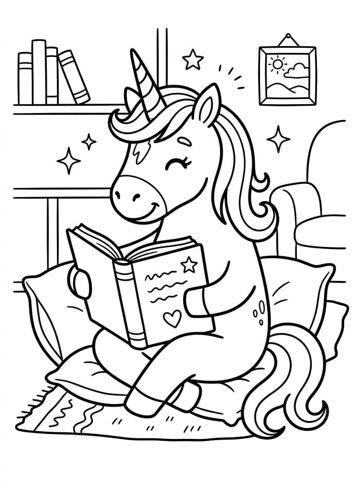 Une licorne qui lit un livre coloring page