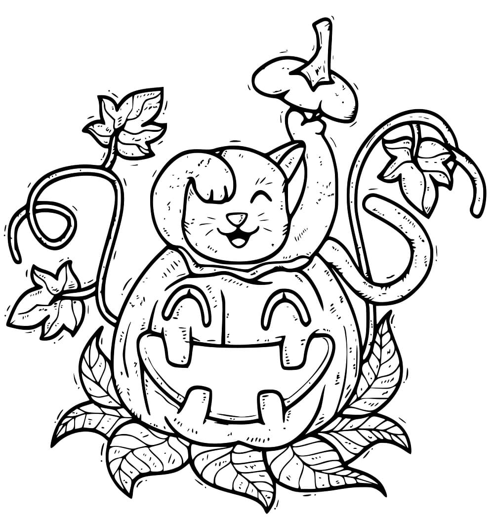 Coloriage Halloween avec chat et citrouille