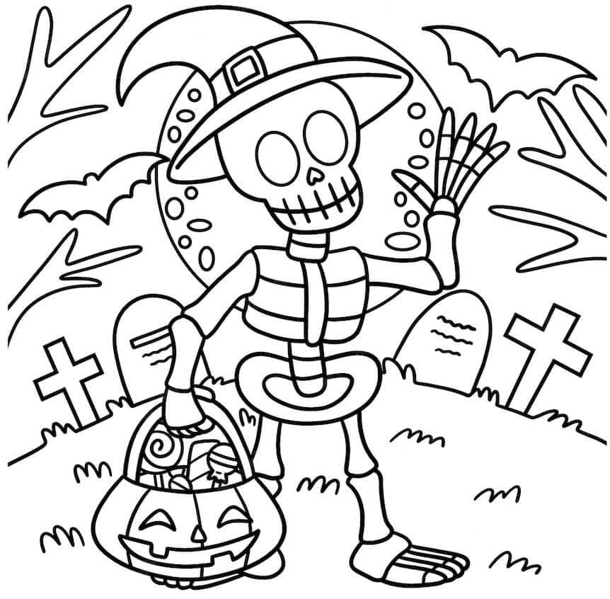 Coloriage Joyeux Halloween avec un squelette