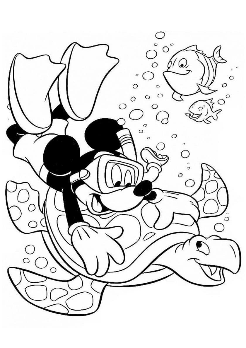 Coloriage Mickey Mouse et la tortue de mer