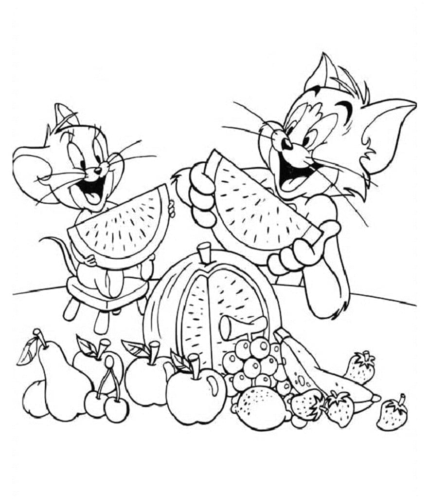 Coloriage Tom et Jerry avec des Fruits