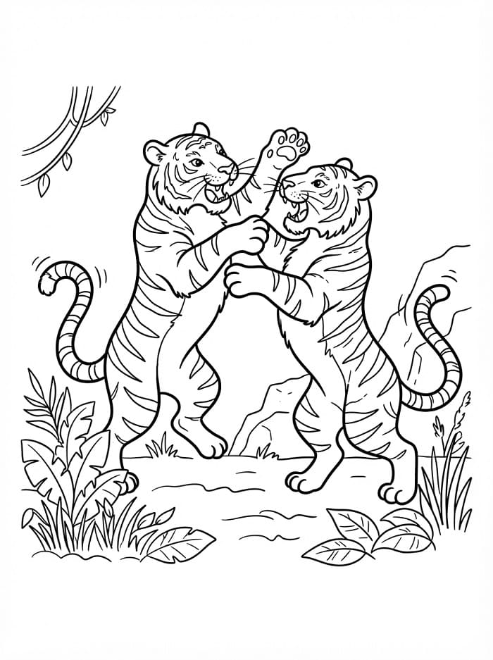 Coloriage Deux Tigres se Battent