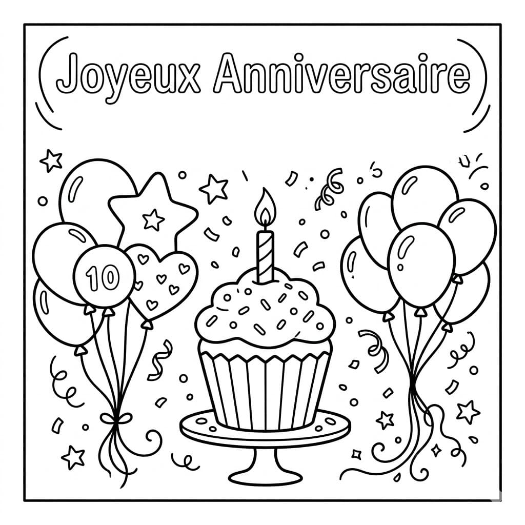 Joyeux Anniversaire avec Cupcake et Ballons coloring page