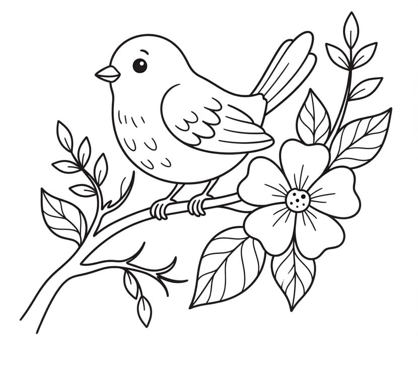 Coloriage Oiseau et Fleurs