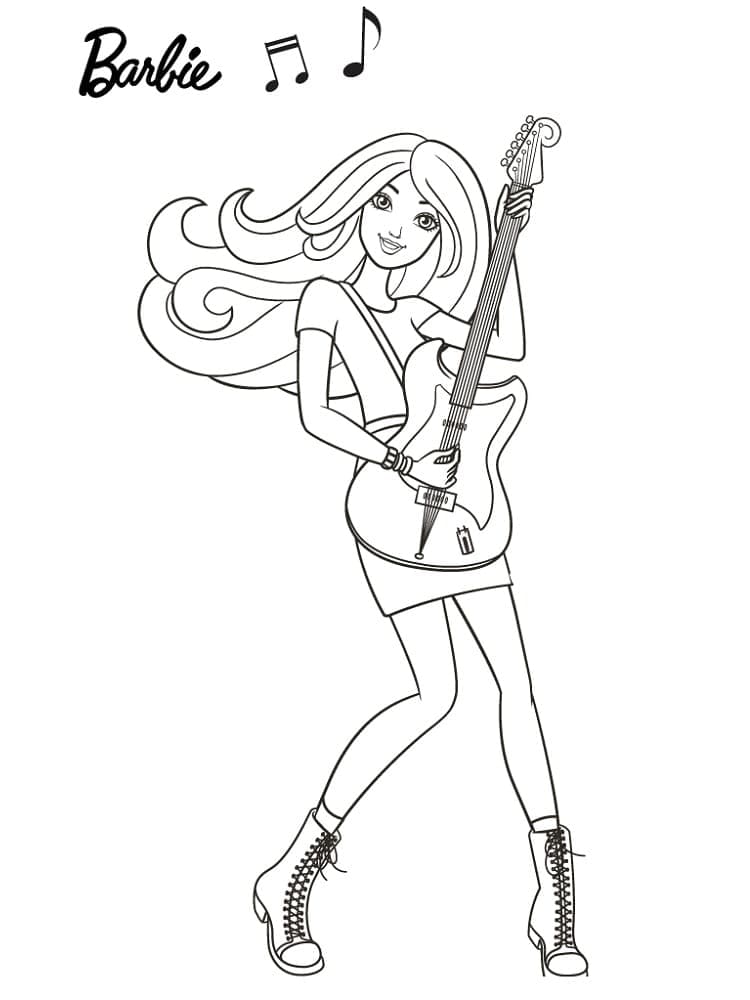 Coloriage Barbie Jouant de la Guitare