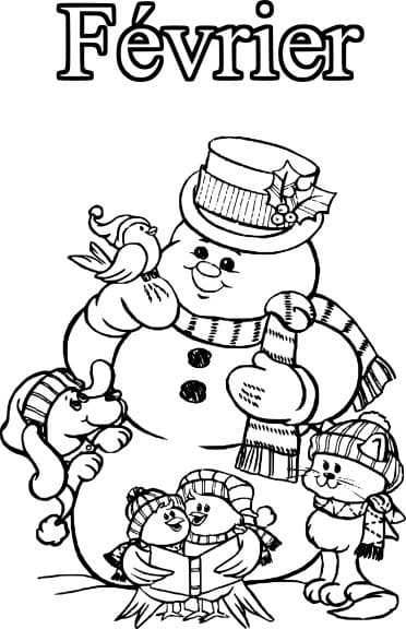 Bonhomme de Neige avec des Animaux en Février coloring page