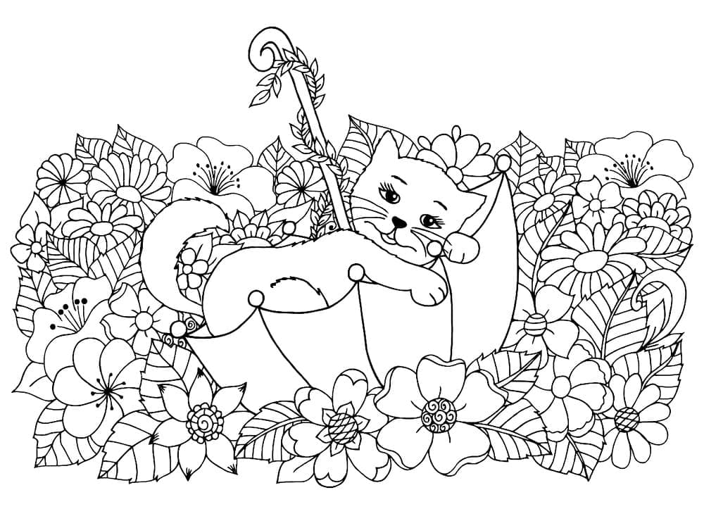 Chat et Fleurs coloring page