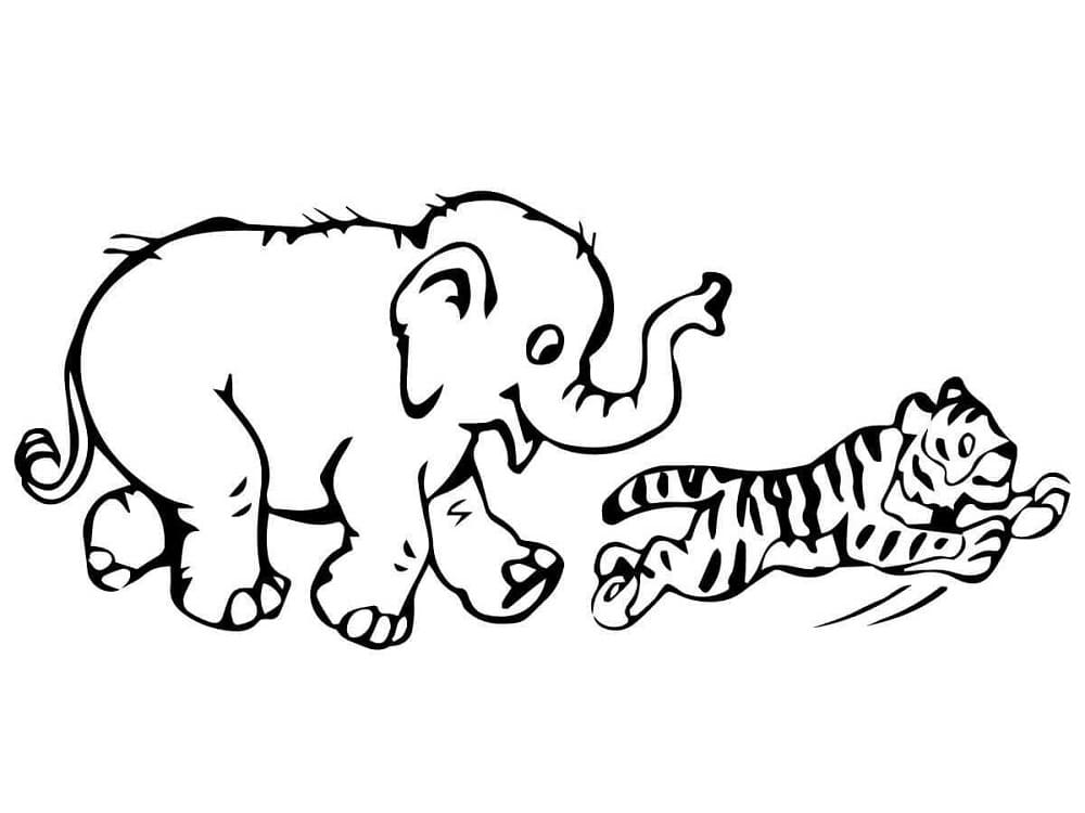 Coloriage Éléphant et Tigre