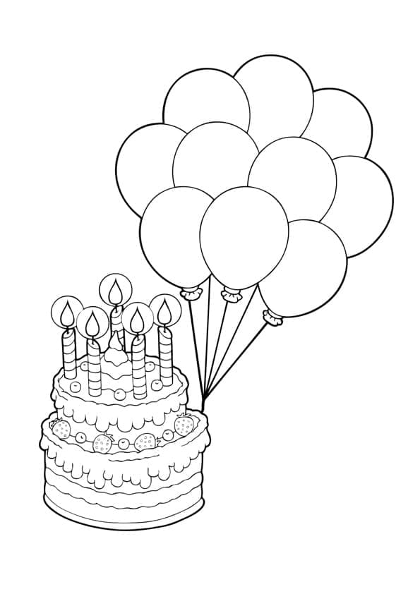 Gâteau et Ballon Pour Anniversaire coloring page