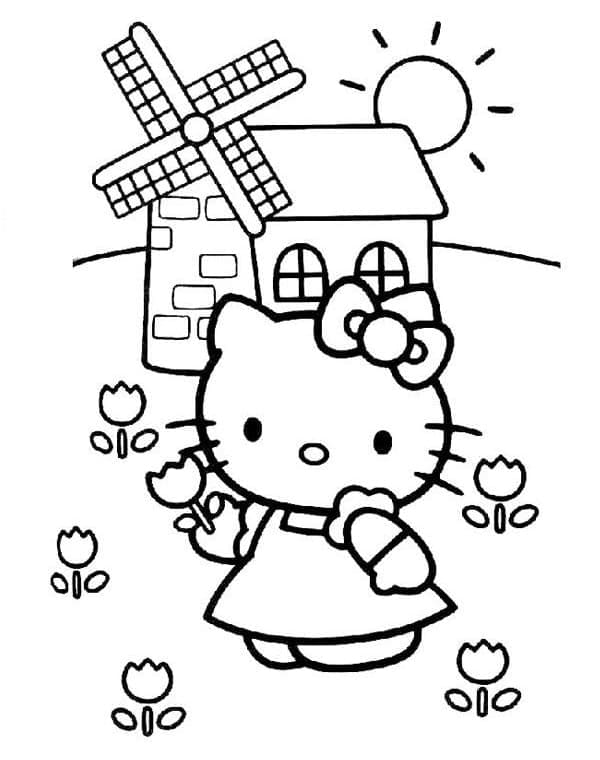 Coloriage Hello Kitty avec Des Fleurs