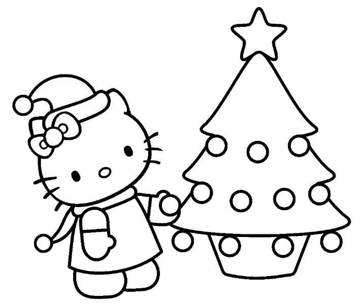 Coloriage Hello Kitty et Sapin de Noël