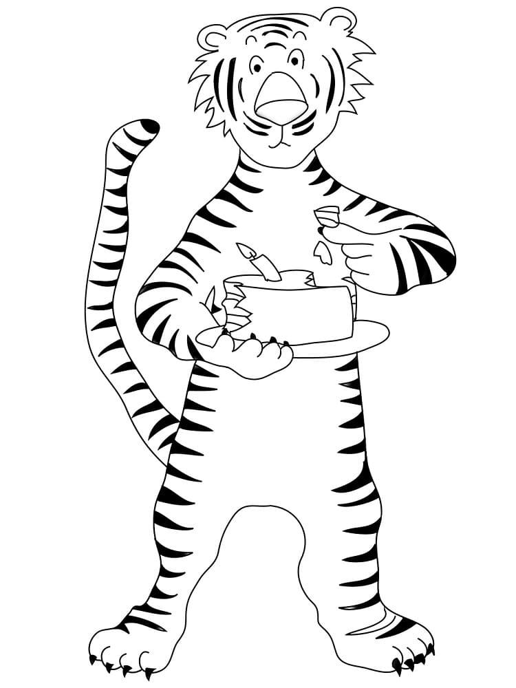 Coloriage Le Tigre Mange du Gâteau
