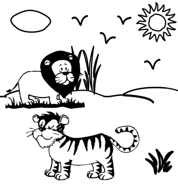 Coloriage Lion et Tigre