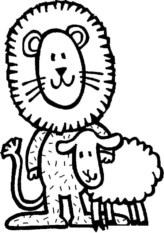 Coloriage Lion et un Bébé Mouton