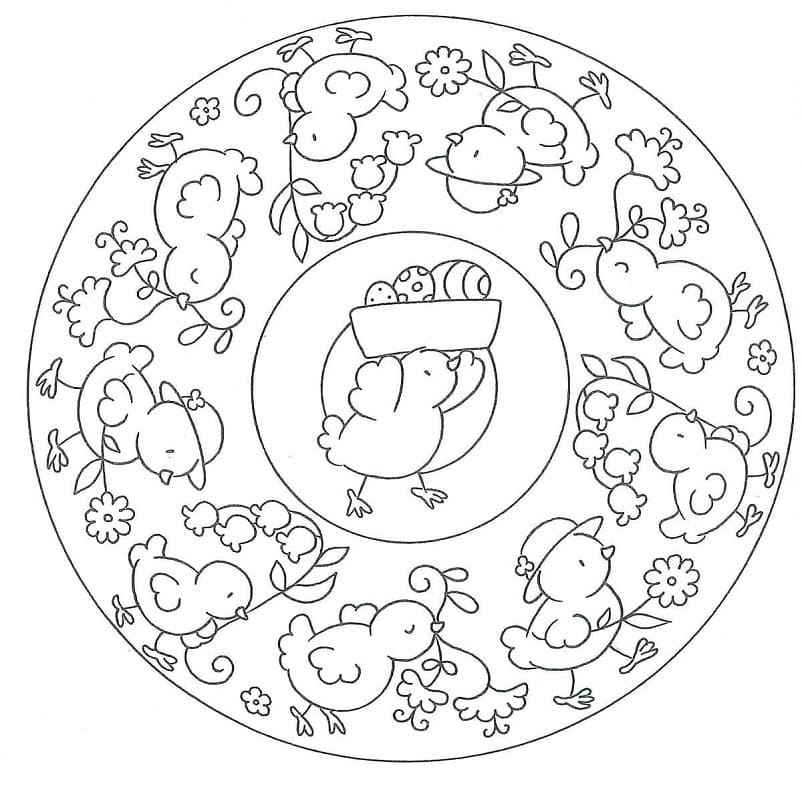 Coloriage Mandala de Pâques avec des Poussins de Pâques