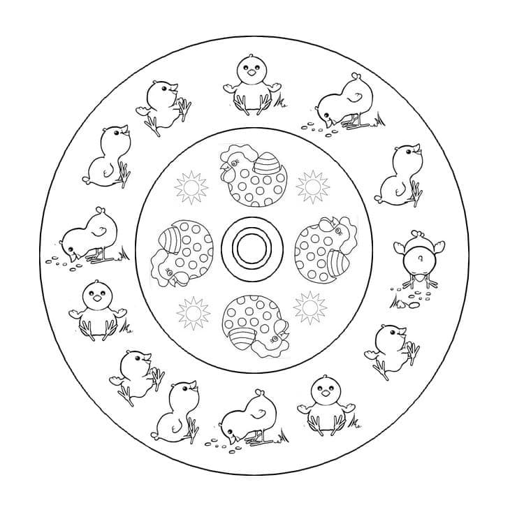 Coloriage Mandala de Pâques avec des Poussins