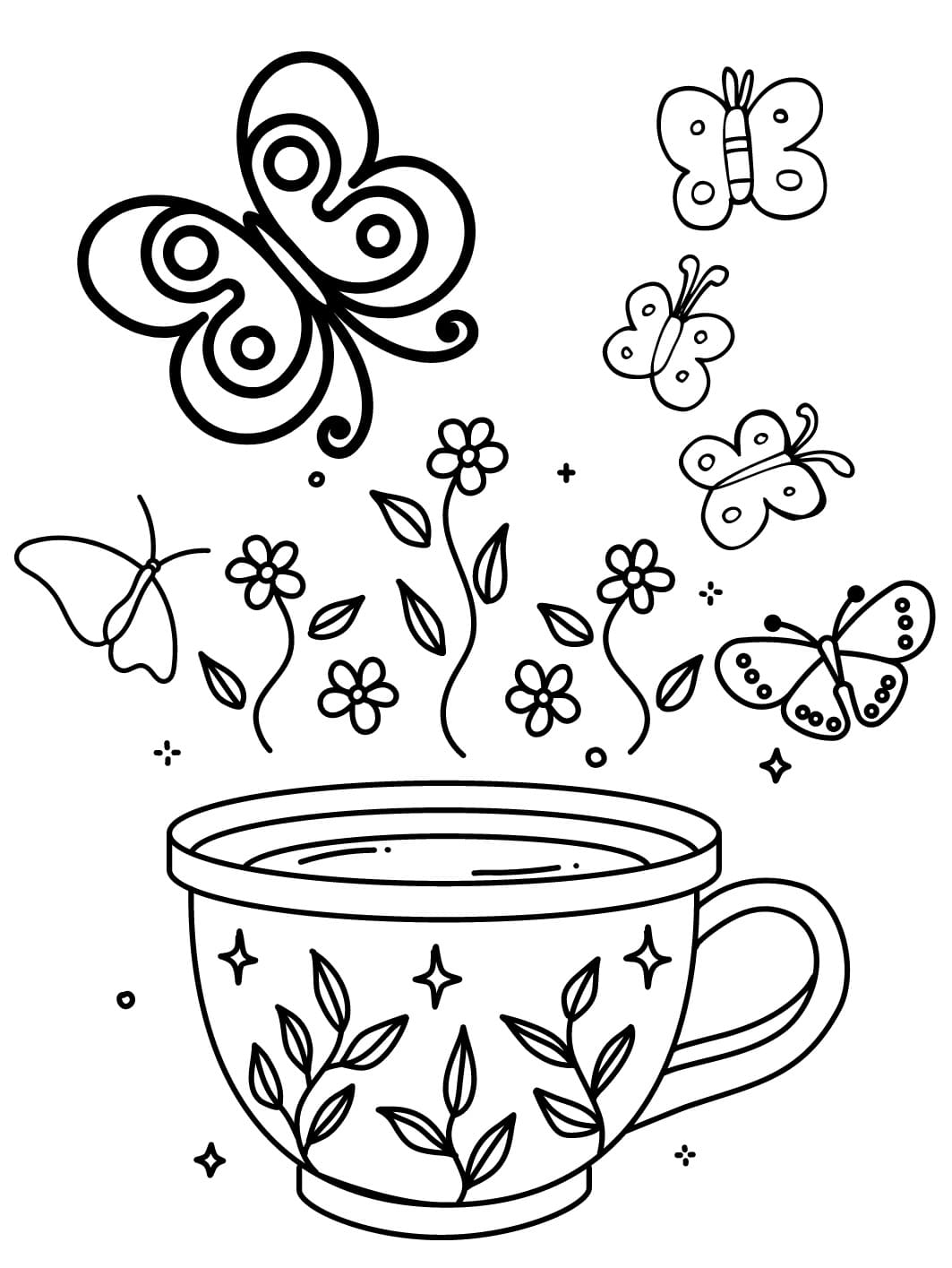 Papillons et tasse de thé coloring page