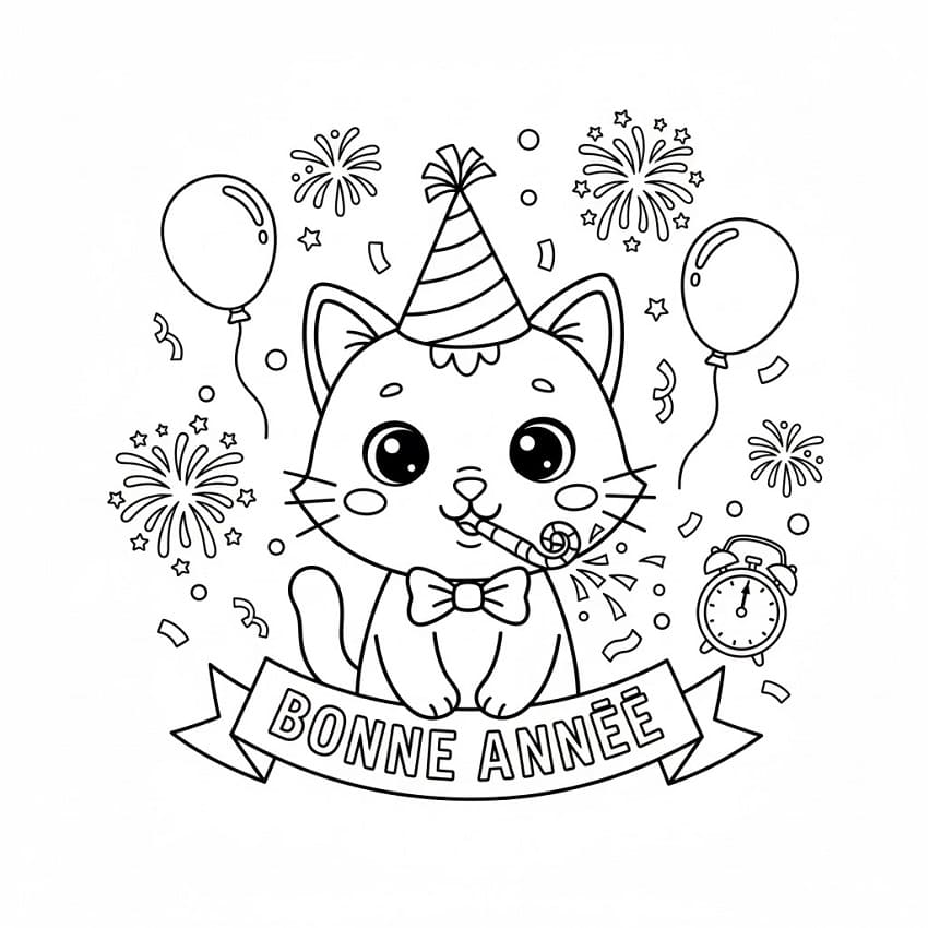 Chat Bonne Année coloring page