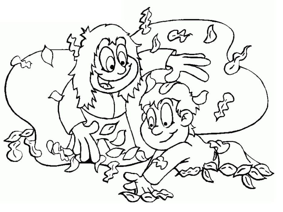 Enfants avec Des Feuilles Automne coloring page