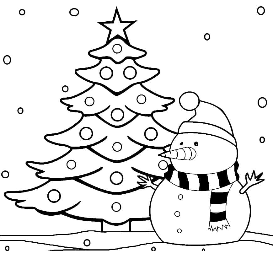 Sapin de Noël avec Bonhomme de Neige coloring page