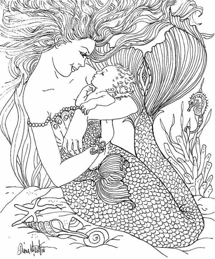 Coloriage Sirène et Bébé