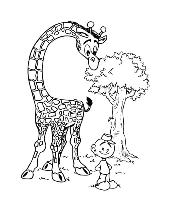 Coloriage Girafe et un Garçon