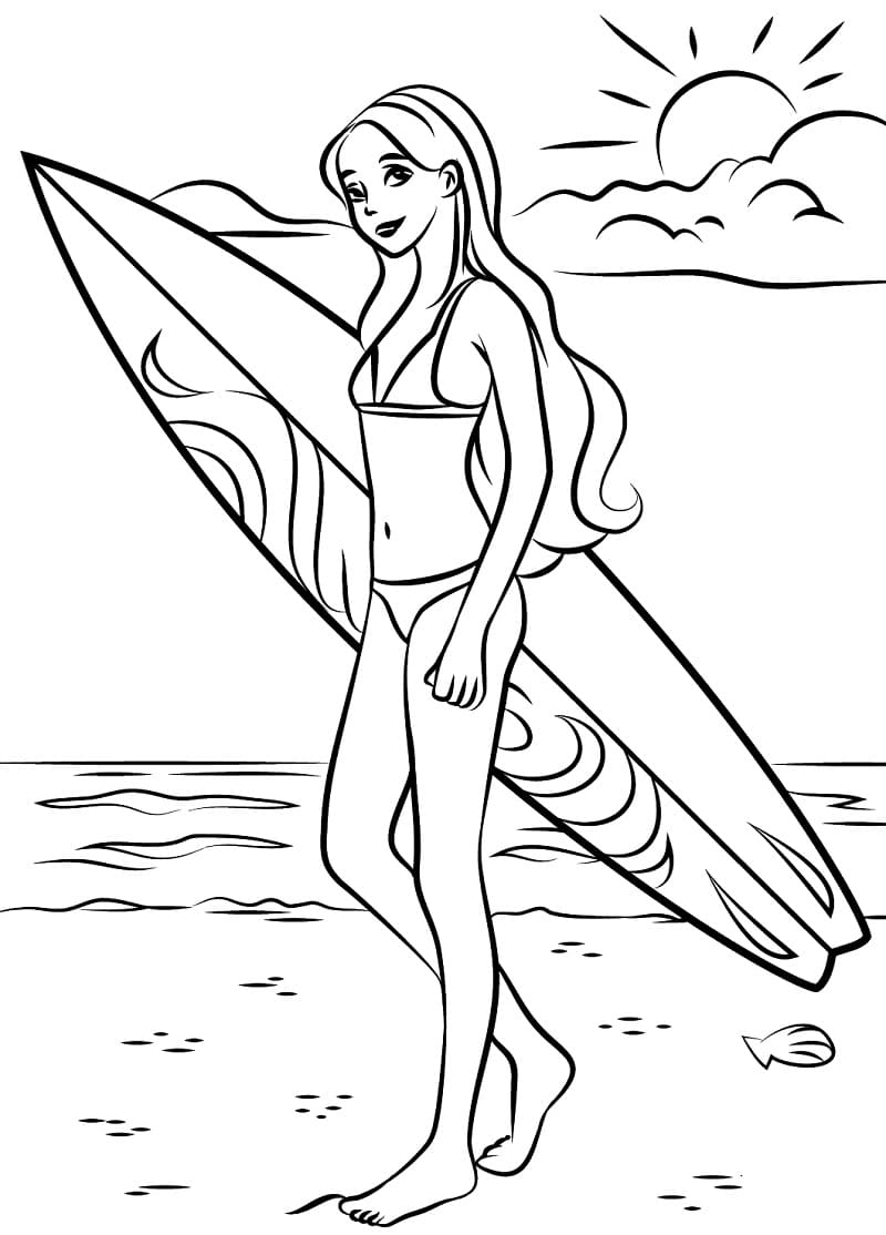 Coloriage Jolie Fille avec Planche de Surf