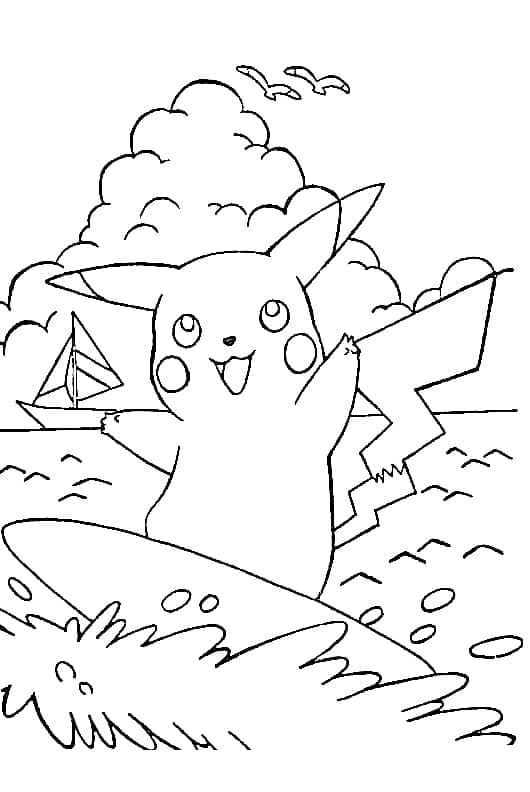 Coloriage Pikachu Sur Planche de Surf