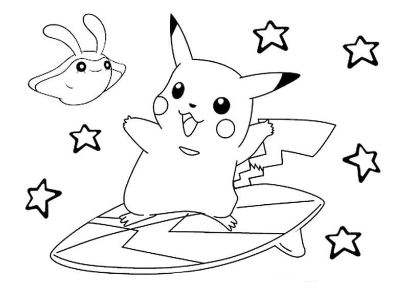 Pikachu sur une planche de surf coloring page