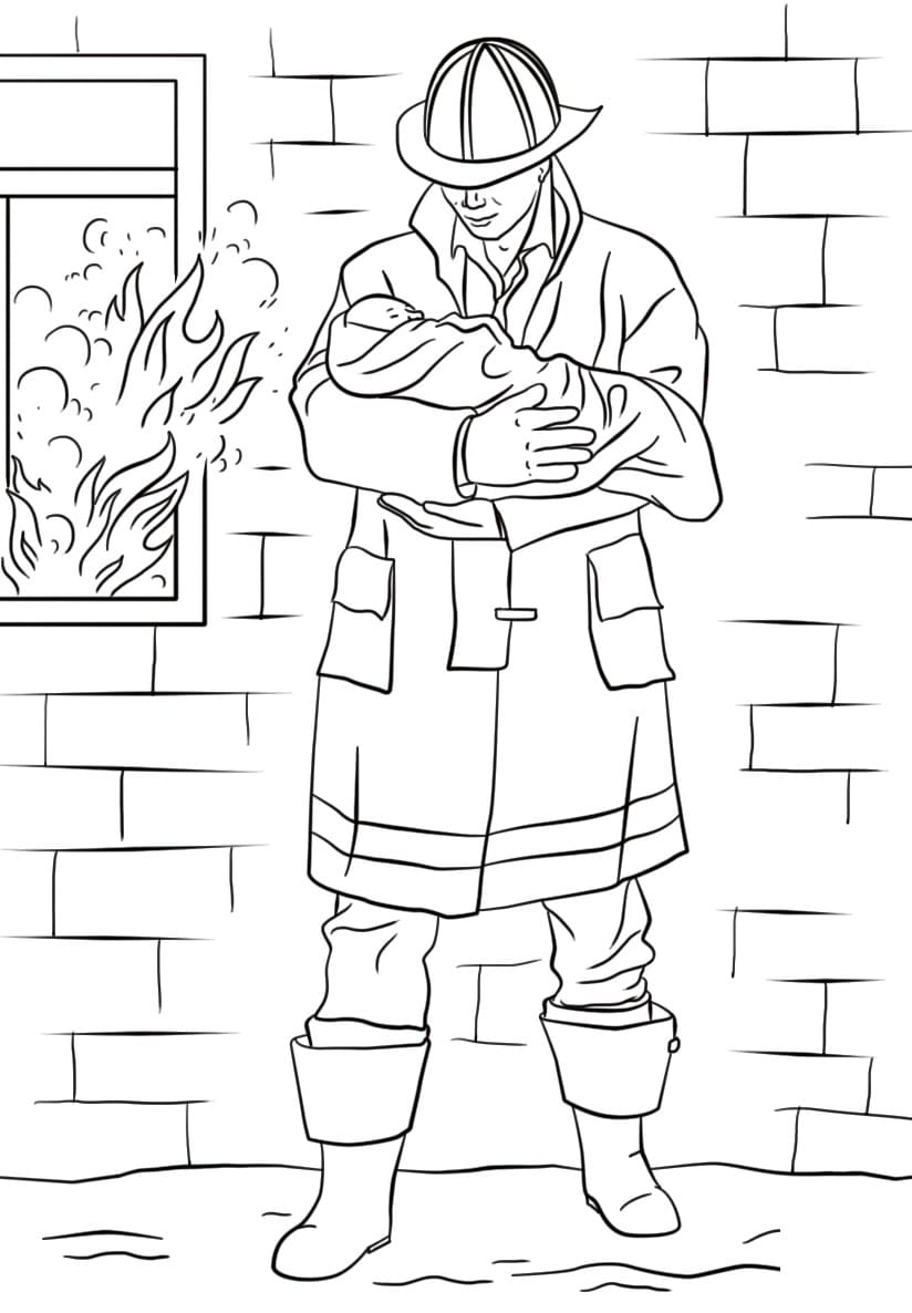 Coloriage Un Pompier Sauve un Bébé