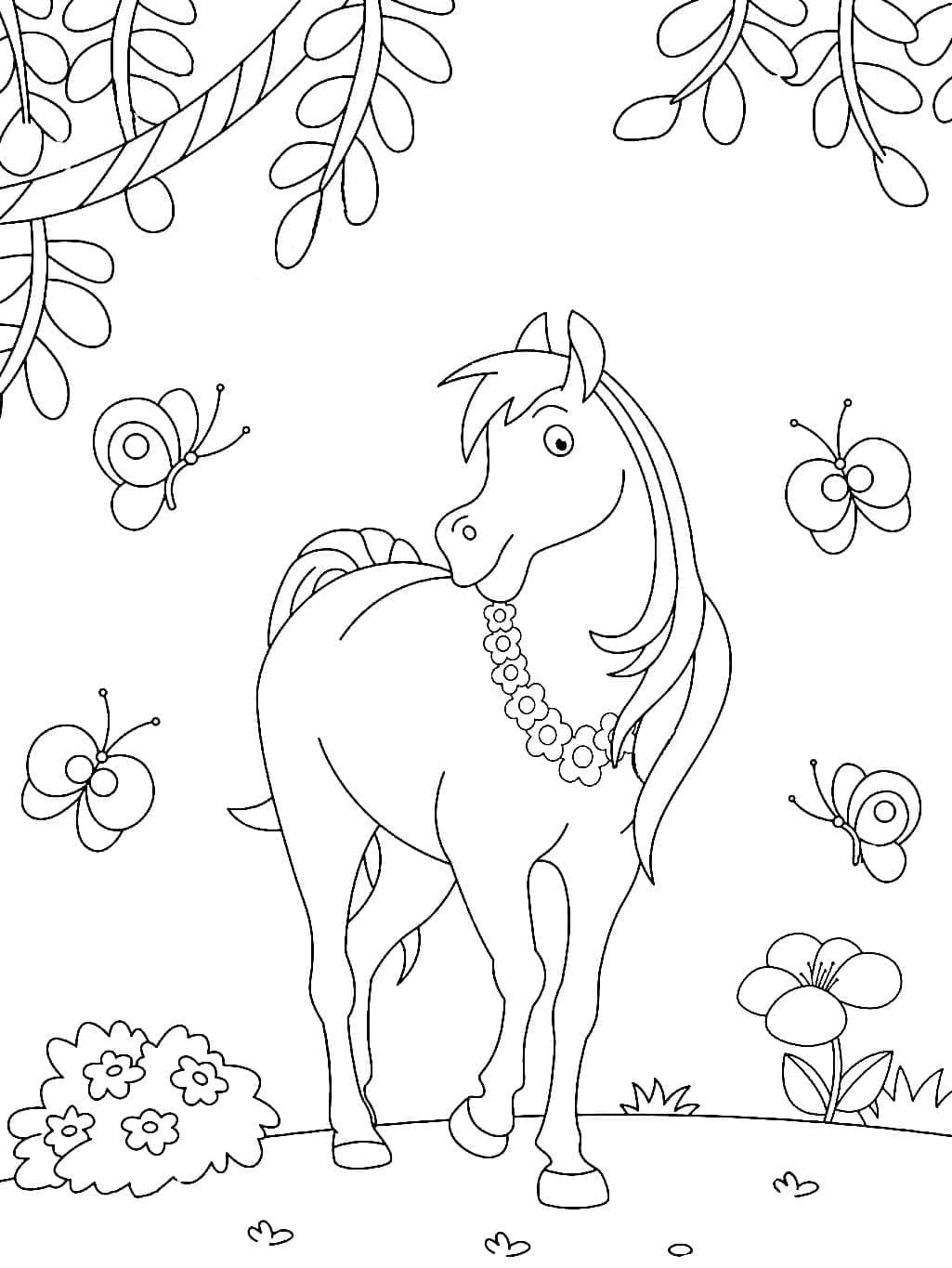 Cheval et Papillons coloring page