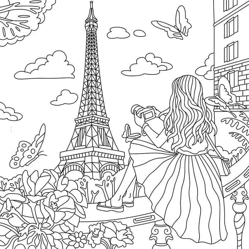 Coloriage Fille et Tour Eiffel