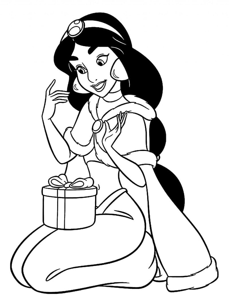 Coloriage Jasmine et un Cadeau