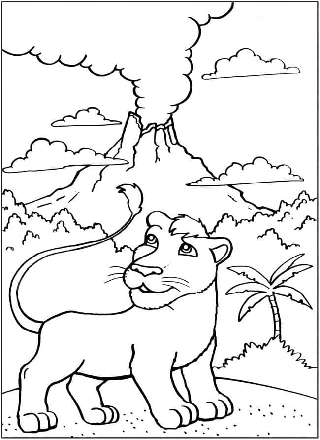 Lion et Volcan coloring page