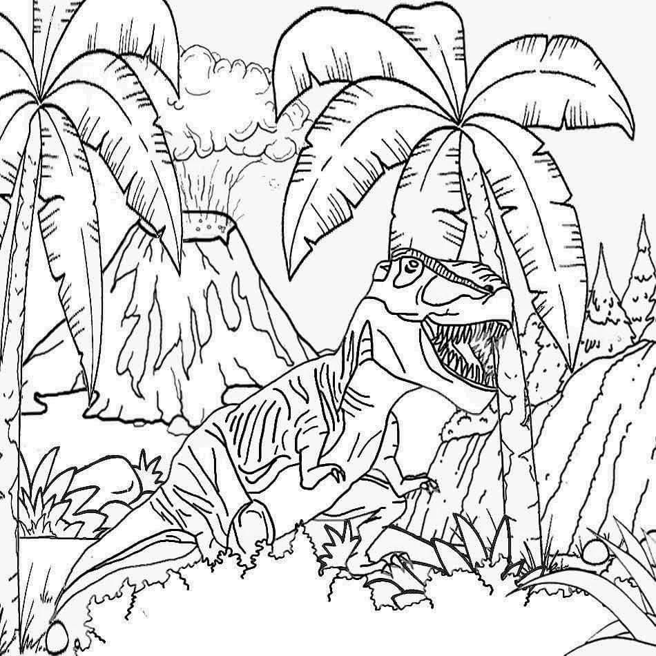 T-rex et Volcan coloring page