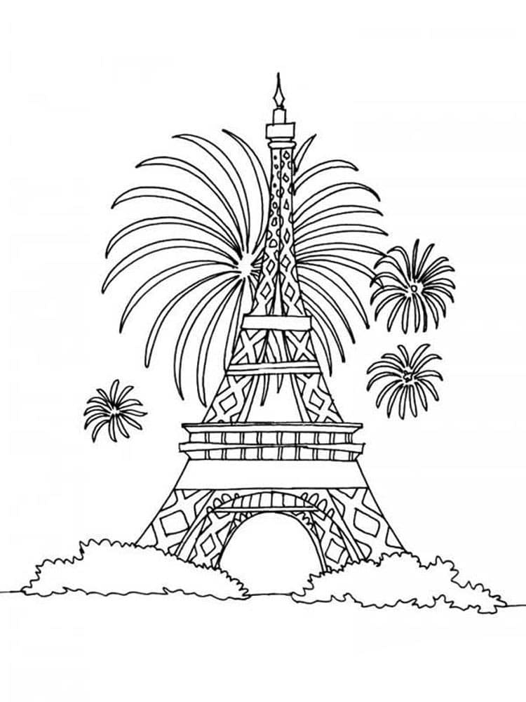 Coloriage Tour Eiffel et Feu d'artifice