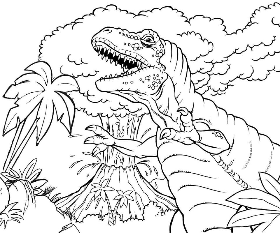 Volcan et T-rex coloring page