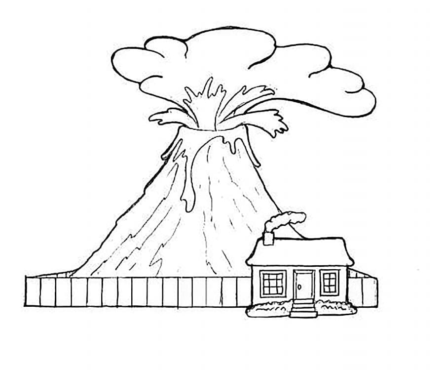 Coloriage Volcan et une Maison