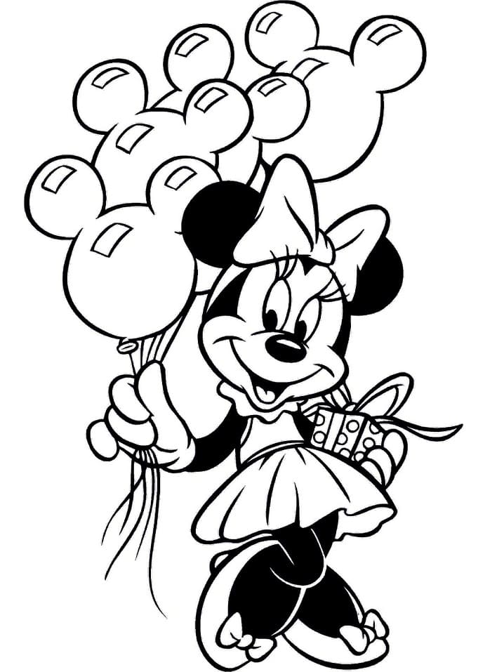 Coloriage Minnie avec des Ballons et un Cadeau