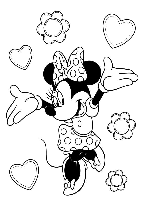 Coloriage Minnie avec des Coeurs et des Fleurs