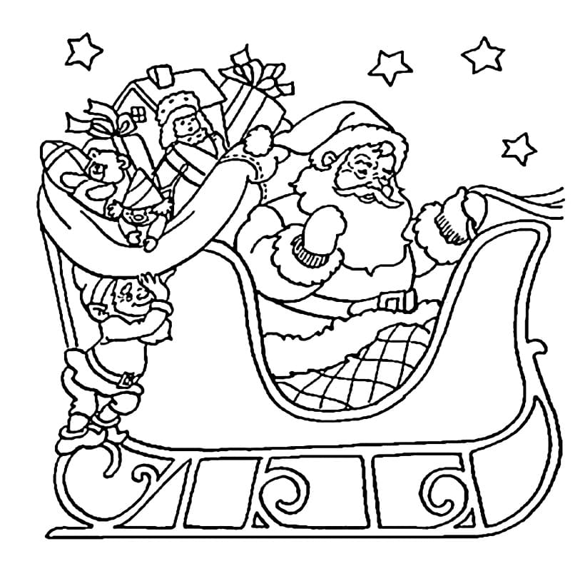 Coloriage Petit Père Noël sur le Traîneau de Noël - télécharger et