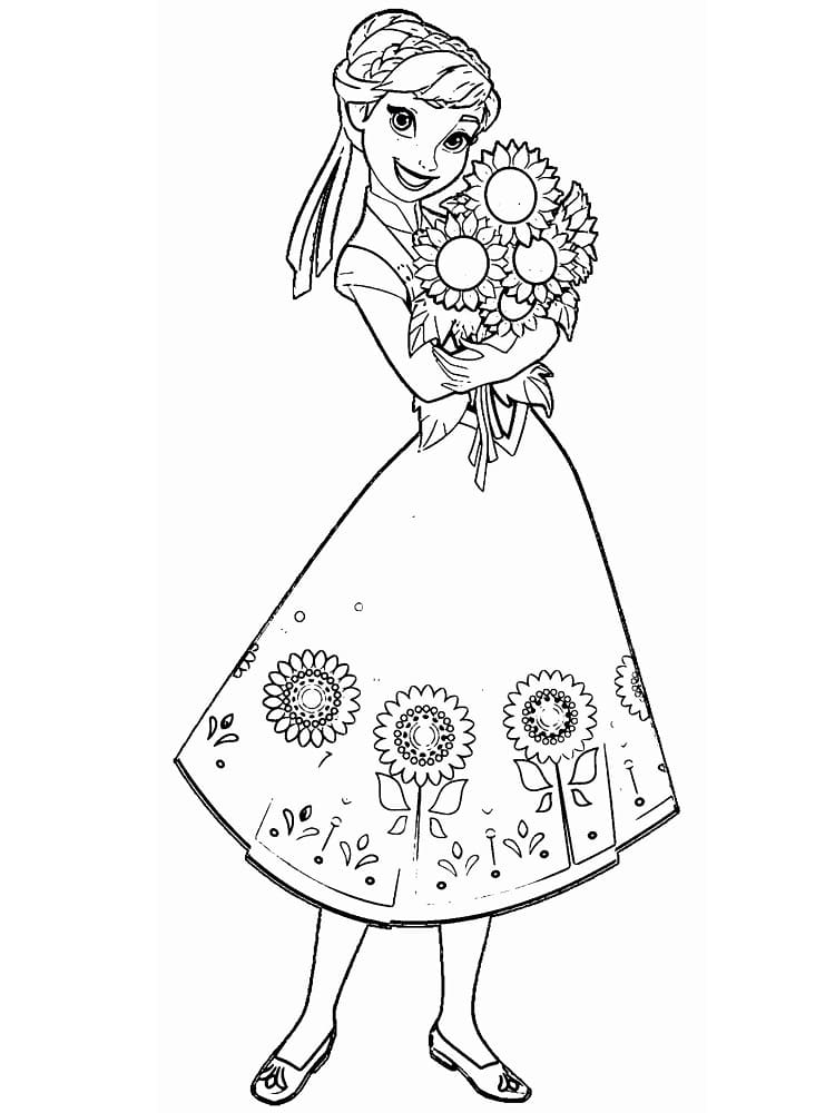 Coloriage Princesse Anna avec Fleurs