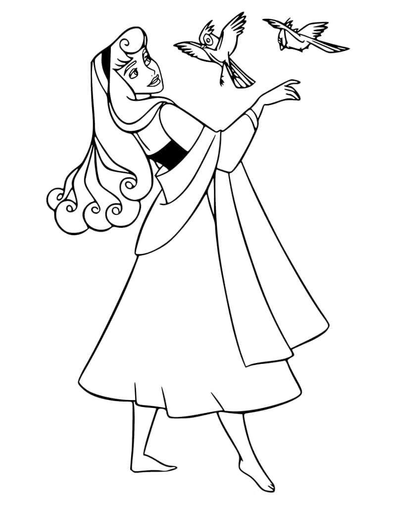 Princesse Aurore et Oiseaux coloring page