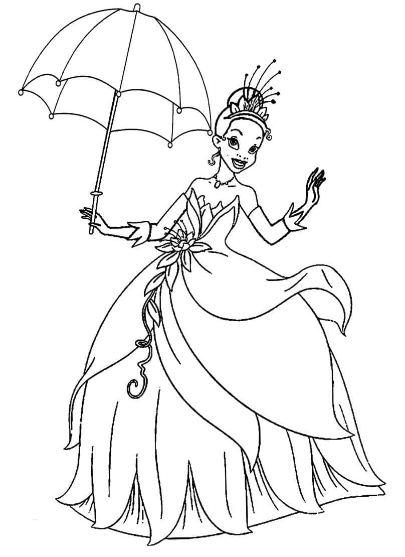 Coloriage Princesse Tiana avec Parapluie